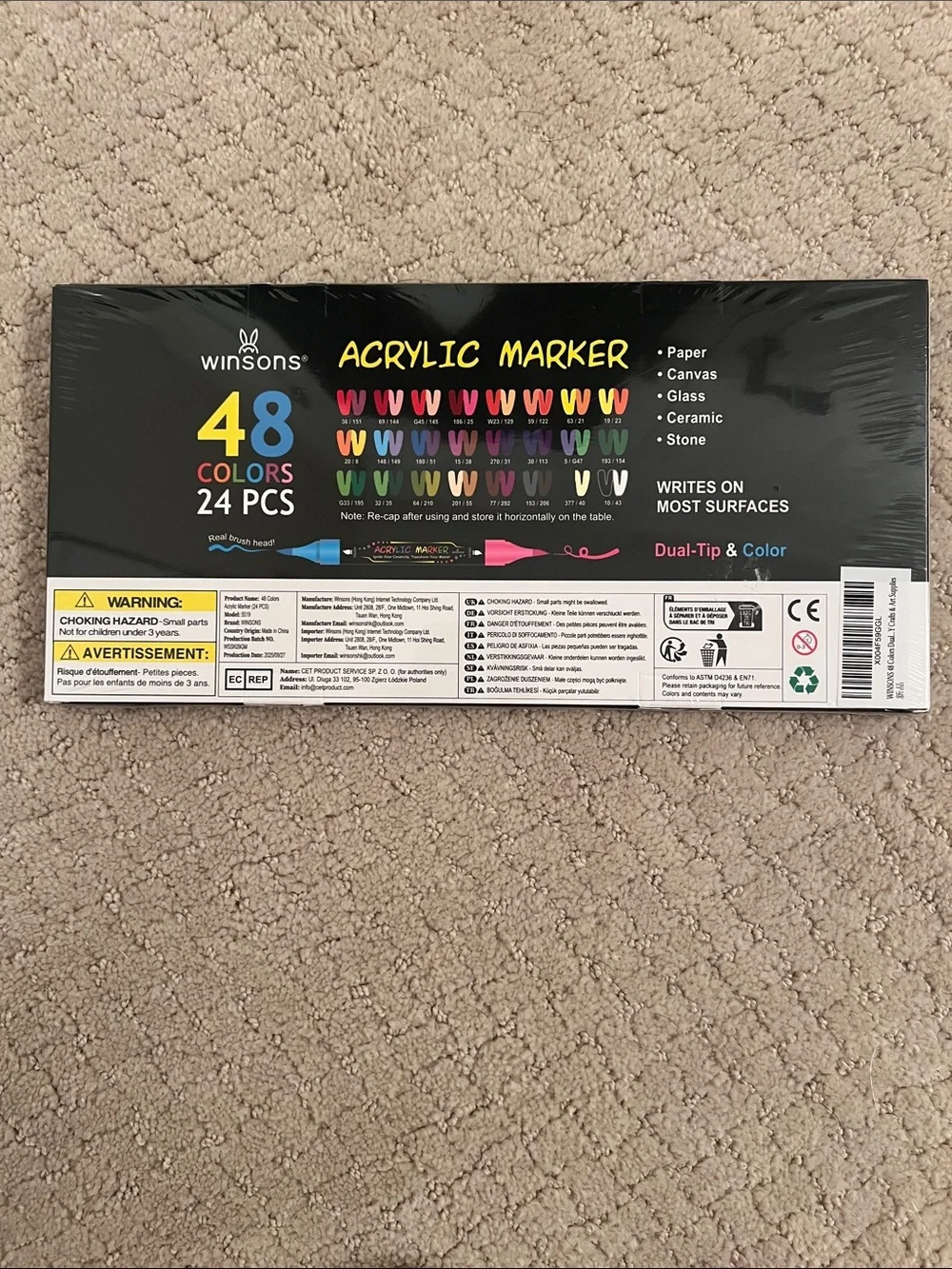 Winsons Acrylic Marker Set — Black Box, Multicolor Dual-Tip (24 pcs) 48 Colors